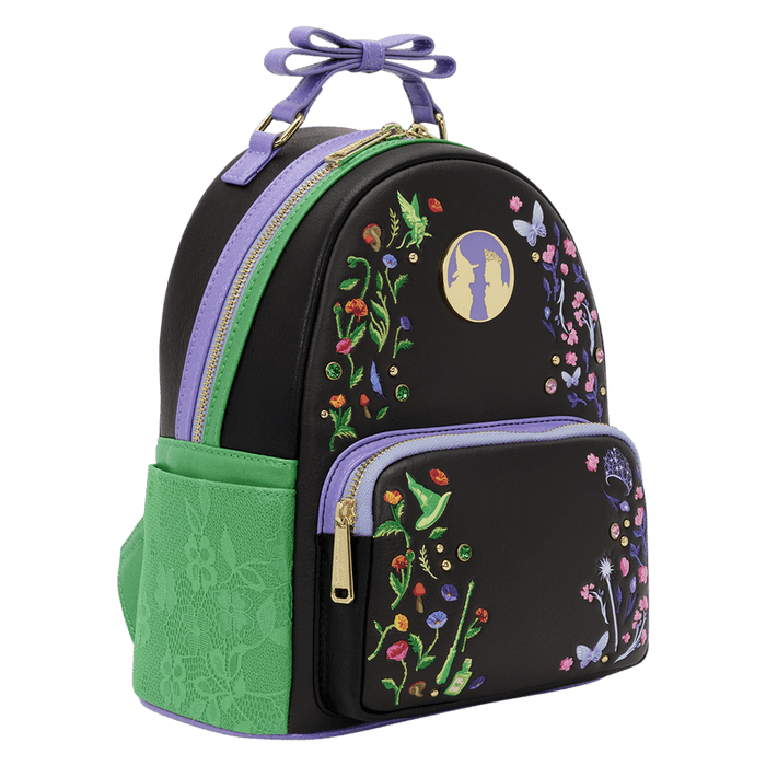 Side view of the Loungefly Wicked Floral and Lace Mini Backpack with lilac side pocket, black body and floral embroidered front pocket