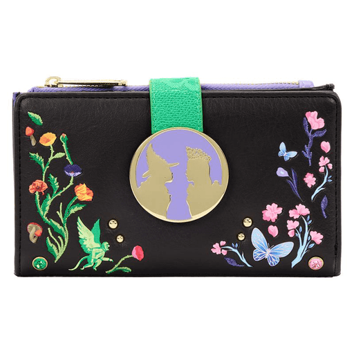 Loungefly Wicked floral wallet front view with Elphaba and Glinda silhouette clasp