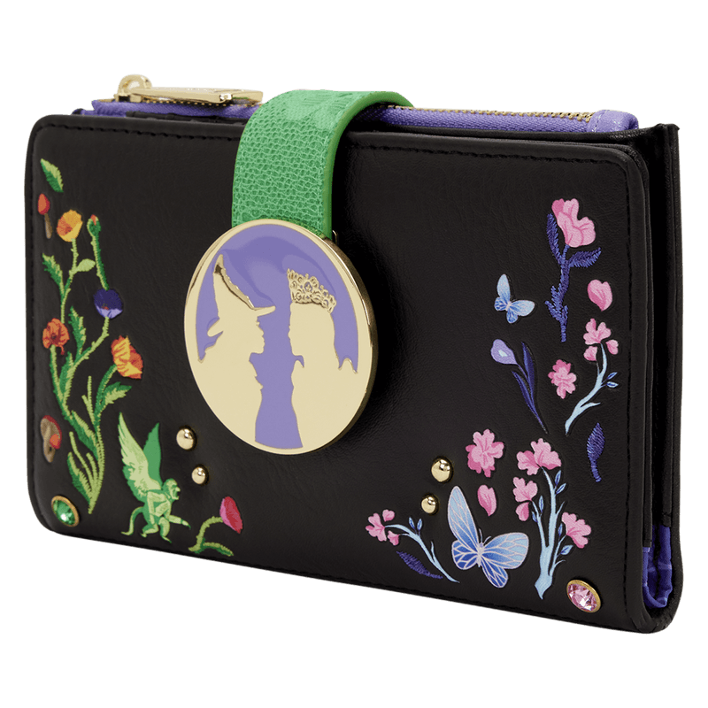 Loungefly Wicked wallet angled view with floral embroidery and clasp detail