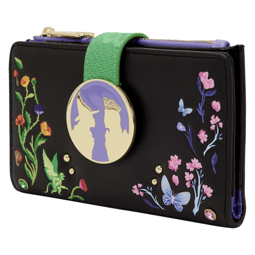 Loungefly Wicked wallet angled view with floral embroidery and clasp detail