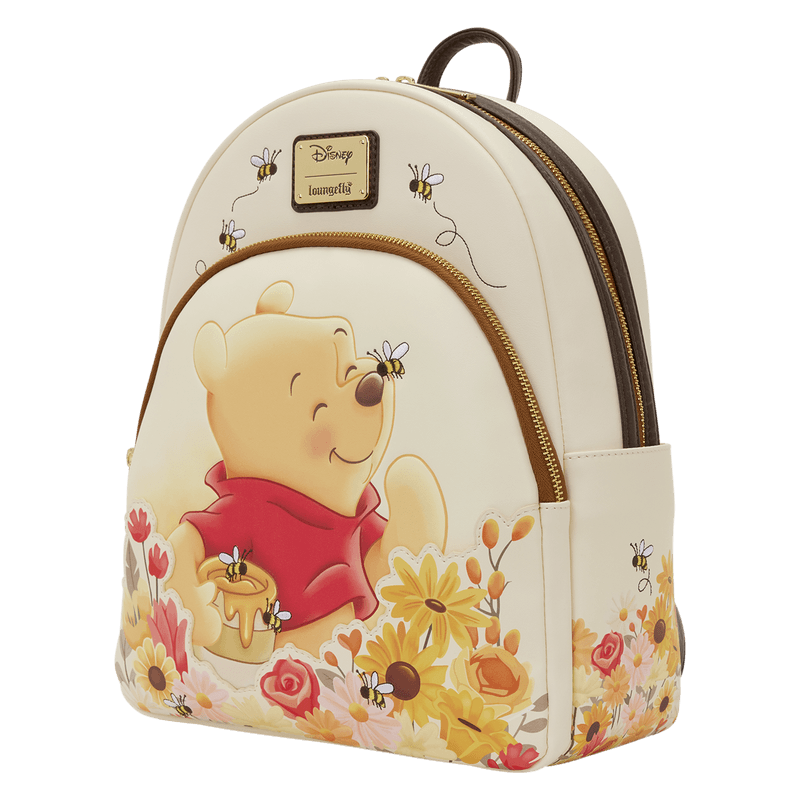 Loungefly Winnie the Pooh backpack angled view with floral print and bees