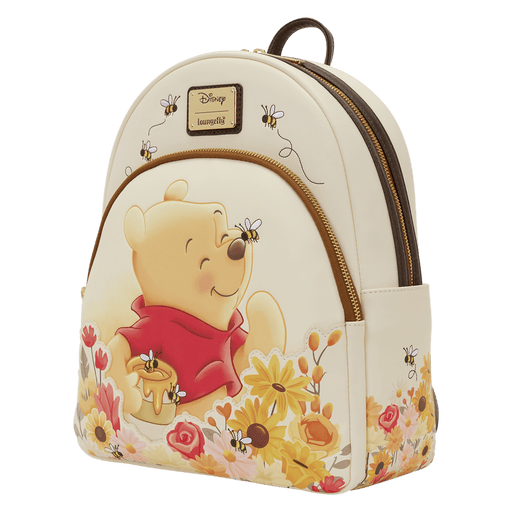 Loungefly Winnie the Pooh backpack angled view with floral print and bees