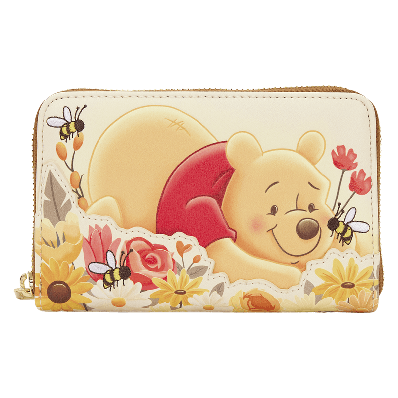 Loungefly Disney Winnie the Pooh wallet front view with honey pot and floral design