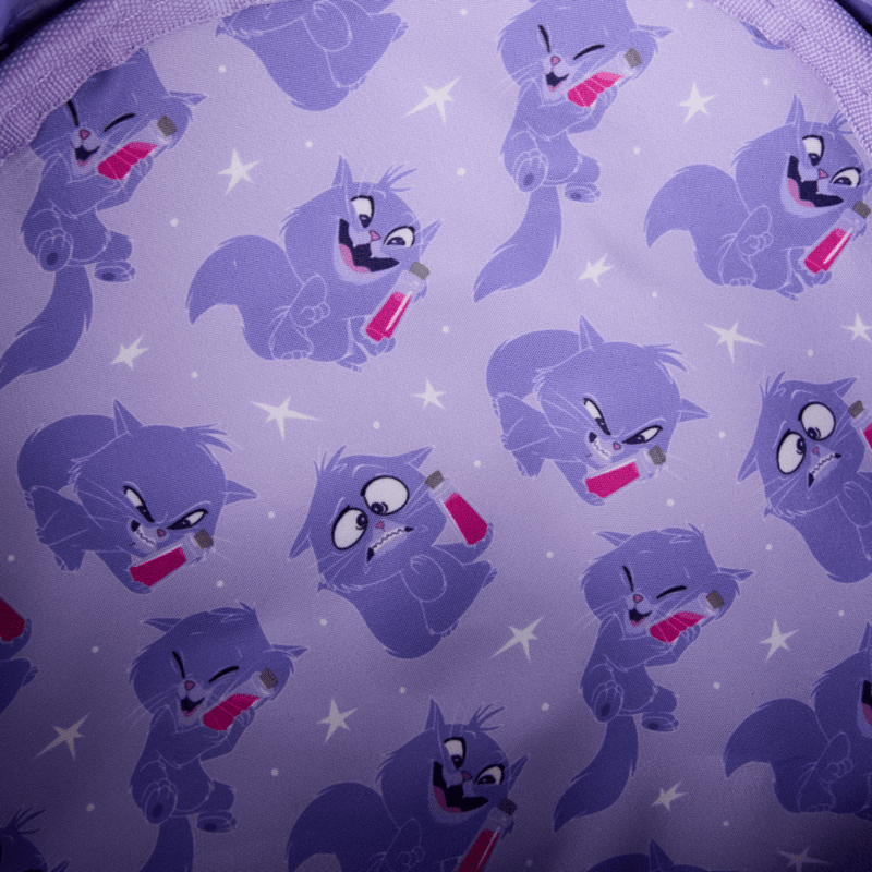 Yzma Cat and potion patterned lining inside Loungefly mini backpack