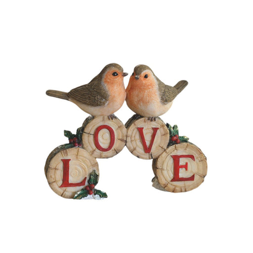 Two robins on log slices spelling LOVE with holly, 13 x 11cm ornament.

