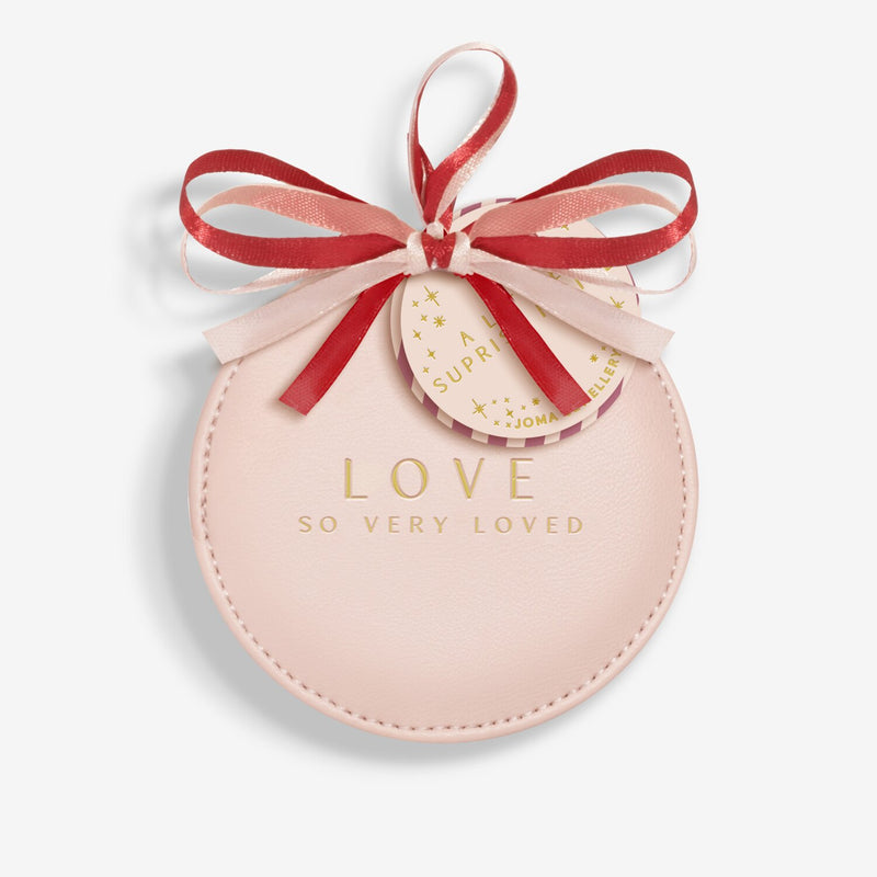 “Reverse of bauble gift with gold ‘LOVE – SO VERY LOVED’ wording”
