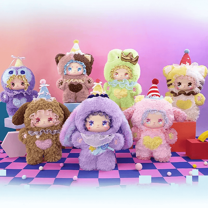 Full line‑up of Lovely Emma Flavor Twist plush blind box collectables displayed on pastel chessboard set.
