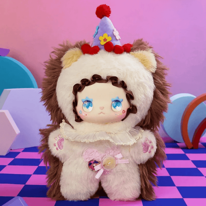 Durian Praline hidden plush – cream suit with spiky brown mane and party hat, Flavor Twist blind box.
