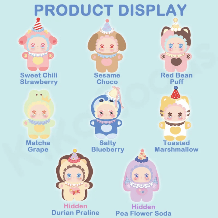 Illustration showing six regular and two hidden Flavor Twist plush blind box designs by MJ Studio.
