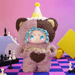 Red Bean Puff plush – two‑tone teddy suit with yellow party hat and paw‑print gloves.
