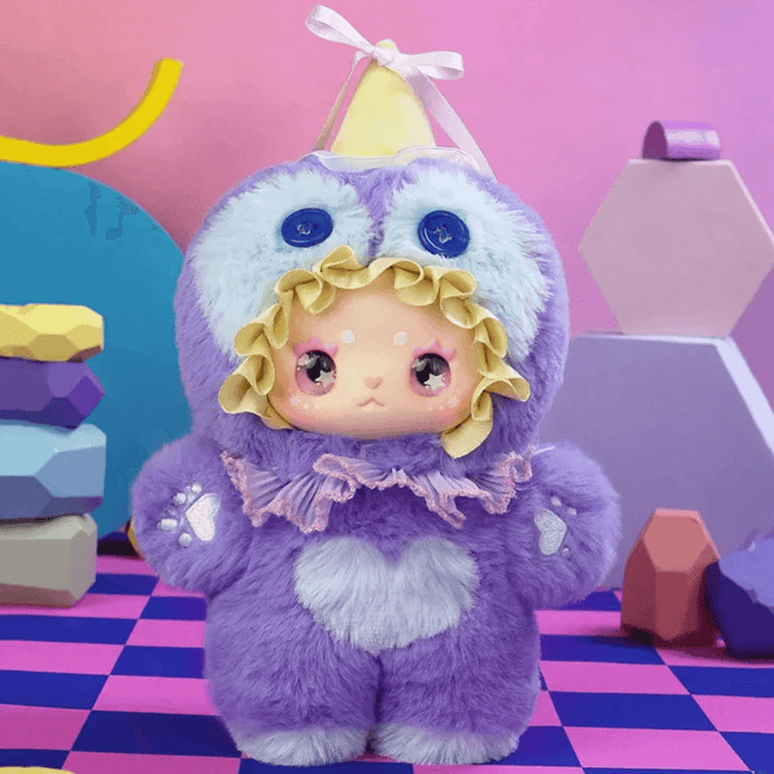 Salty Blueberry plush – lilac suit with pale‑blue panda eyes and cream party hat, MJ Studio blind box.
