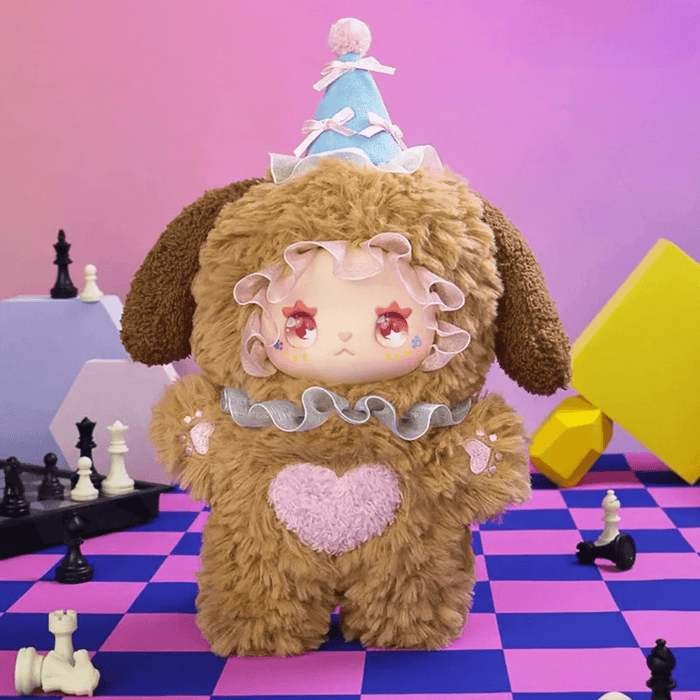 Sesame Choco plush – brown pup suit with blue party hat and pink heart‑paw pads, Flavor Twist series.
