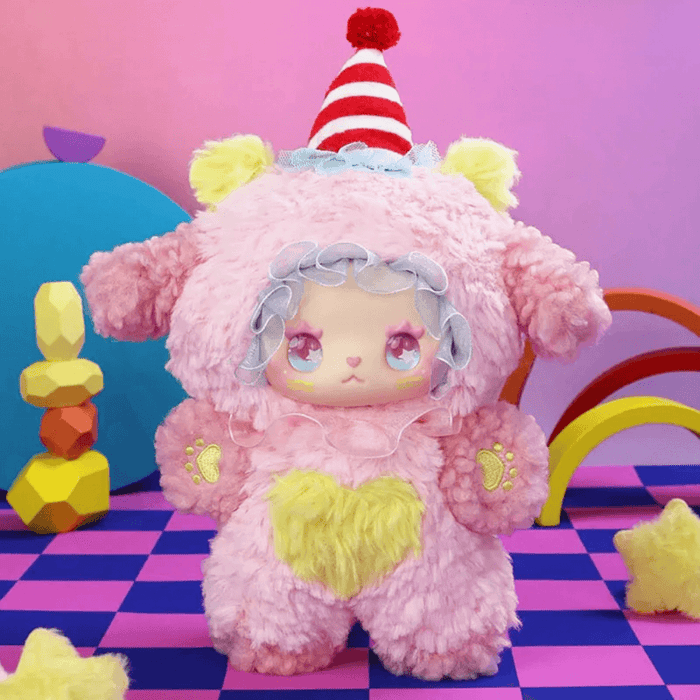 Sweet Chili Strawberry plush – bubble‑gum pink lamb suit with candy‑stripe hat, MJ Studio blind box.
