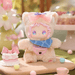 Cheese Cat plush mini from Pocket Zoo blind box collectables, cream fur, pink bow, cupcake scene
