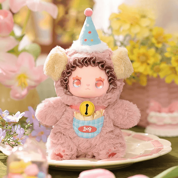 Dingding Dog secret plush mini wearing party hat, russet fur, confetti ambience
