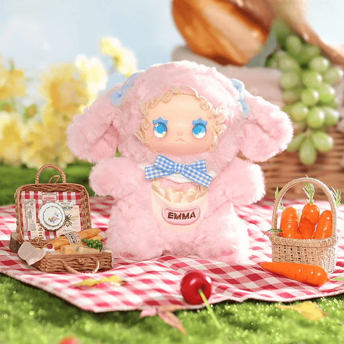 Fluffy Rabbit plush mini on picnic blanket, pastel-pink fur and blue gingham bow
