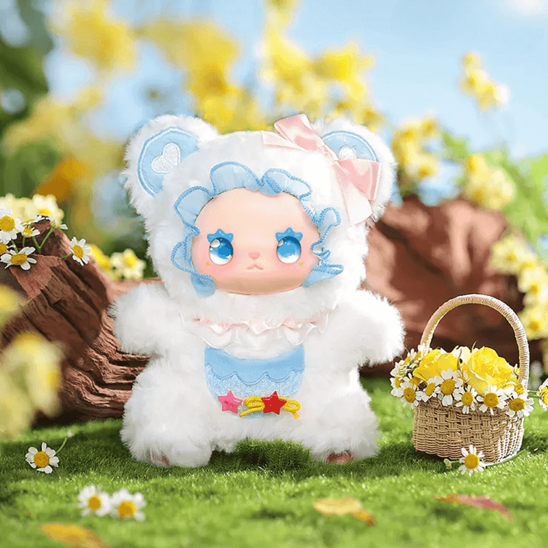 Lace Bear plush mini, white fluffy bear with blue lace trim, meadow backdrop
