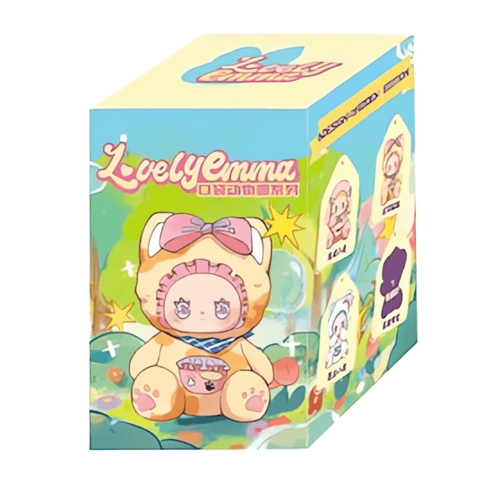 Lovely Emma Pocket Zoo blind box packaging with Cheese Cat illustration and surprise spark graphics
