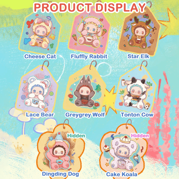 Pocket Zoo product display chart featuring eight collectable plush designs and two hidden characters
