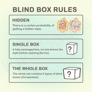 Infographic of blind box rules showing hidden style odds, single-box mystery and whole-set guarantee
