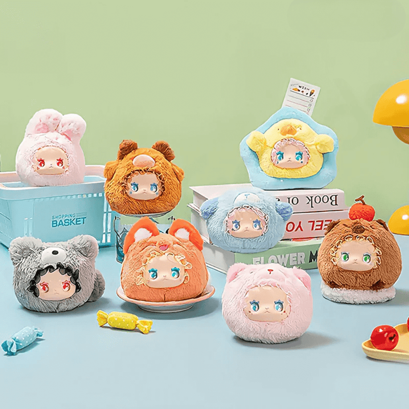 Full set of Lovely Emma Rua Rua Zoo plush blind box collectables – eight mystery animal hood characters displayed together.
