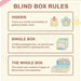 Graphic explaining Rua Rua Zoo blind box rules: hidden odds, single-box mystery and full-set option.


