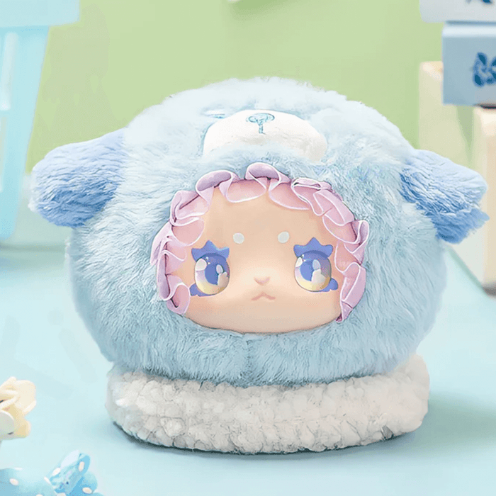 Domineering Wolf King plush blind box collectable – fluffy blue wolf hood, purple eyes, Rua Rua Zoo series.
