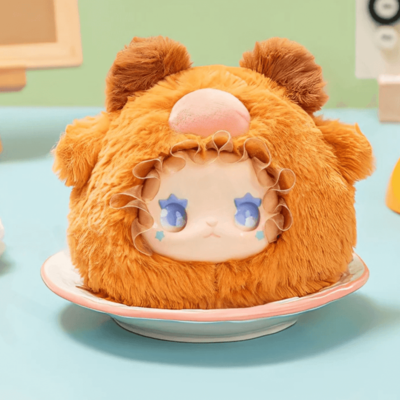 Forest Deer plush blind box collectable – fuzzy brown deer hood and blue eyes, Lovely Emma Rua Rua Zoo series.
