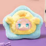Hidden Non-Swimming Duck rare plush – yellow duck hood on turquoise star cushion, Rua Rua Zoo blind box series.
