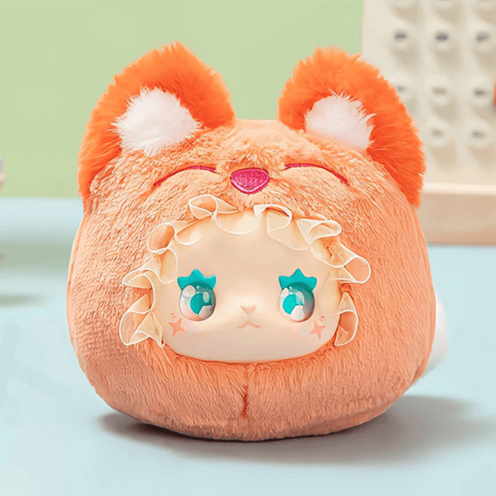 Jumping Fox plush blind box figure – orange fox ears and teal starry eyes, Rua Rua Zoo series.
