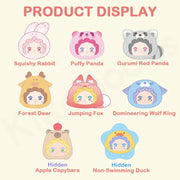 Illustration showing six regular and two hidden Lovely Emma Rua Rua Zoo plush blind box designs.
