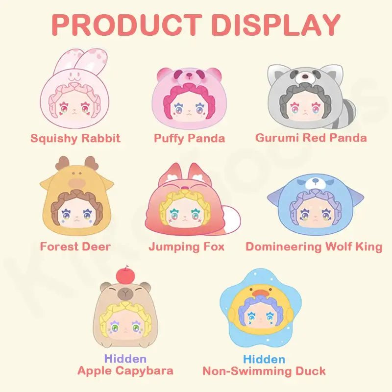 Illustration showing six regular and two hidden Lovely Emma Rua Rua Zoo plush blind box designs.
