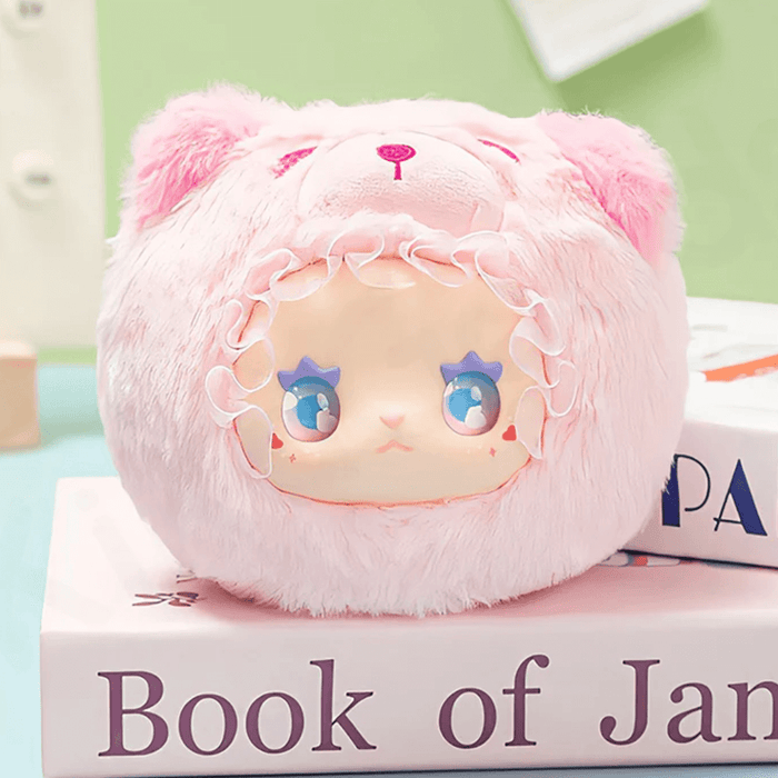 Puffy Panda plush blind box collectable – soft pink panda hood with blue star eyes from Rua Rua Zoo series.
