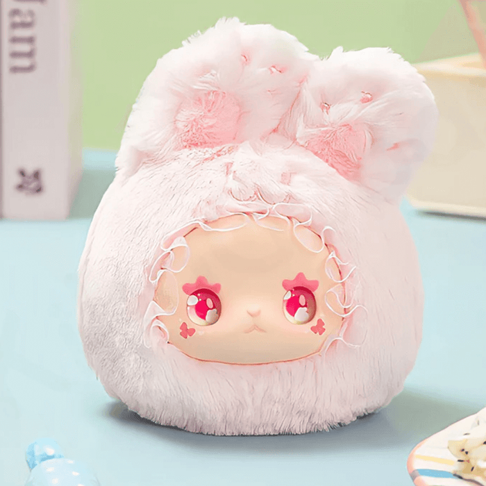 Squishy Rabbit plush blind box collectable – pastel pink bunny hood and rosy eyes, Lovely Emma Rua Rua Zoo series.

