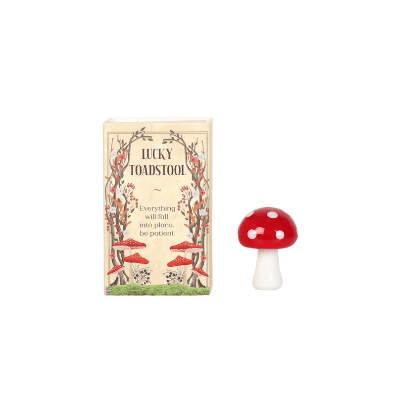 Mini red-and-white glass toadstool pocket charm beside woodland matchbox reading ‘Everything will fall into place’.

