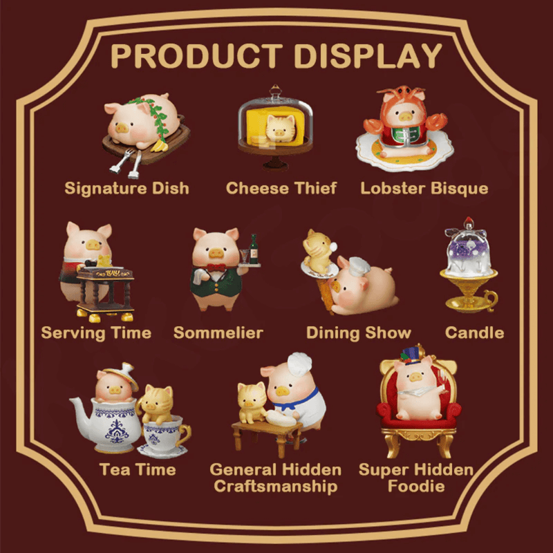 Full line-up of LuLu the Piggy Pigchelin Restaurant Blind Box collectables on burgundy display board
