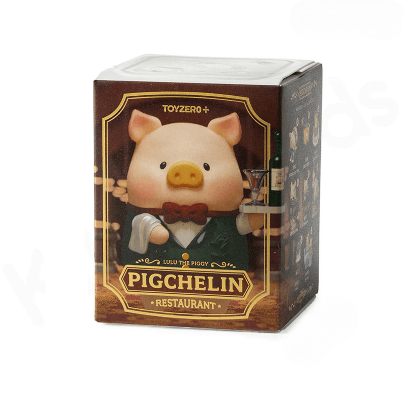 Front view of LuLu the Piggy Pigchelin Restaurant Blind Box packaging showing waiter pig collectable artwork

