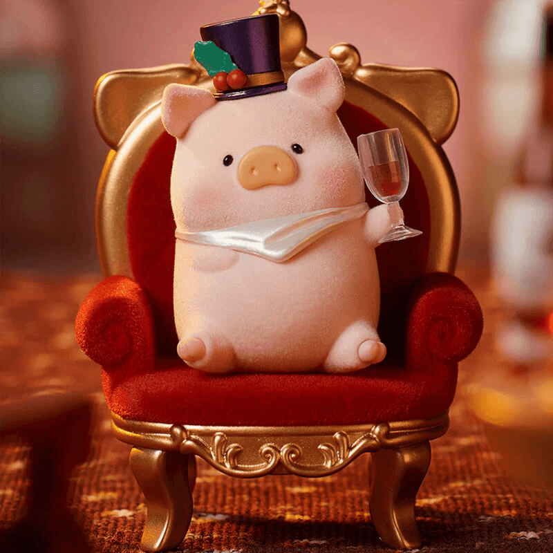 Super hidden “Foodie” LuLu the Piggy reclining on gold chair with wine glass – ultimate Pigchelin chase piece

