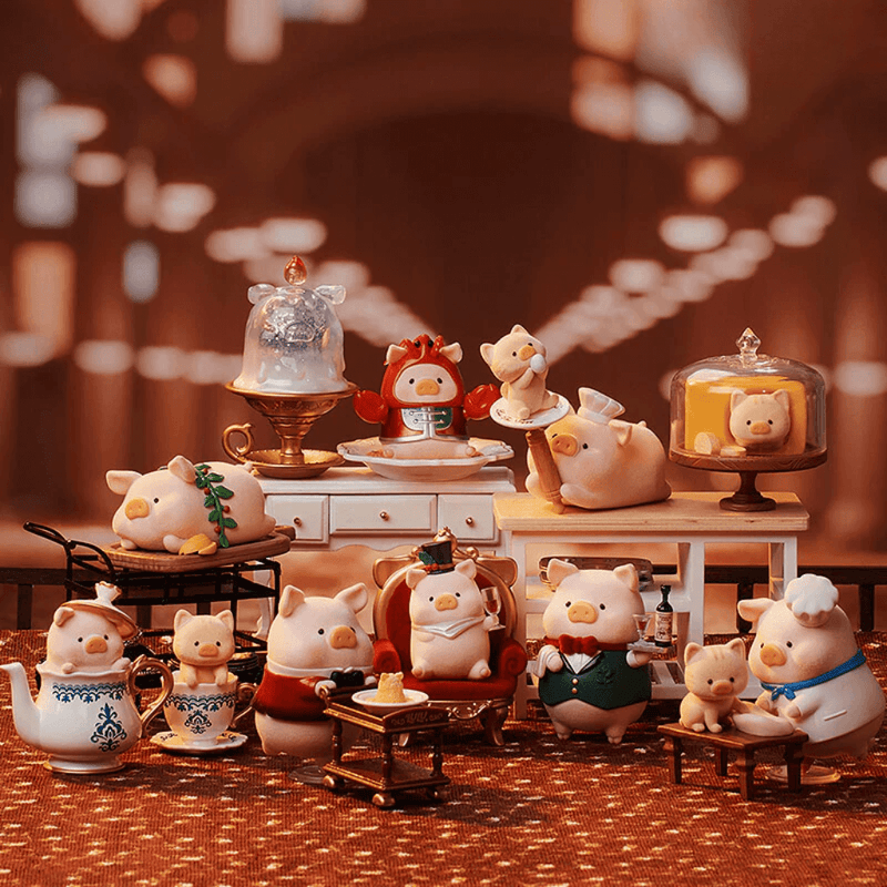 Group photo of all Pigchelin Restaurant Blind Box figures arranged like a gourmet banquet
