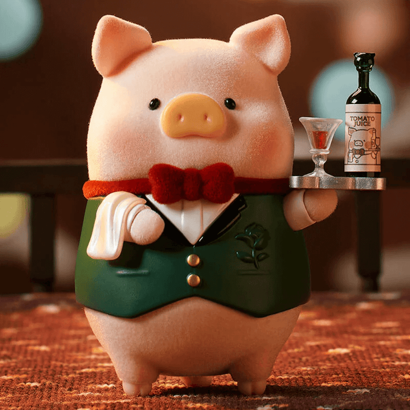 “Sommelier” LuLu the Piggy holding wine bottle and glass – Pigchelin Restaurant Blind Box figure
