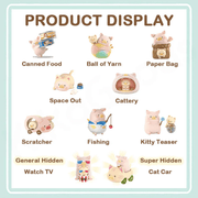 Full lineup board of LuLu the Piggy Caturday Blind Box collectables including hidden Watch TV and Cat Car figures
