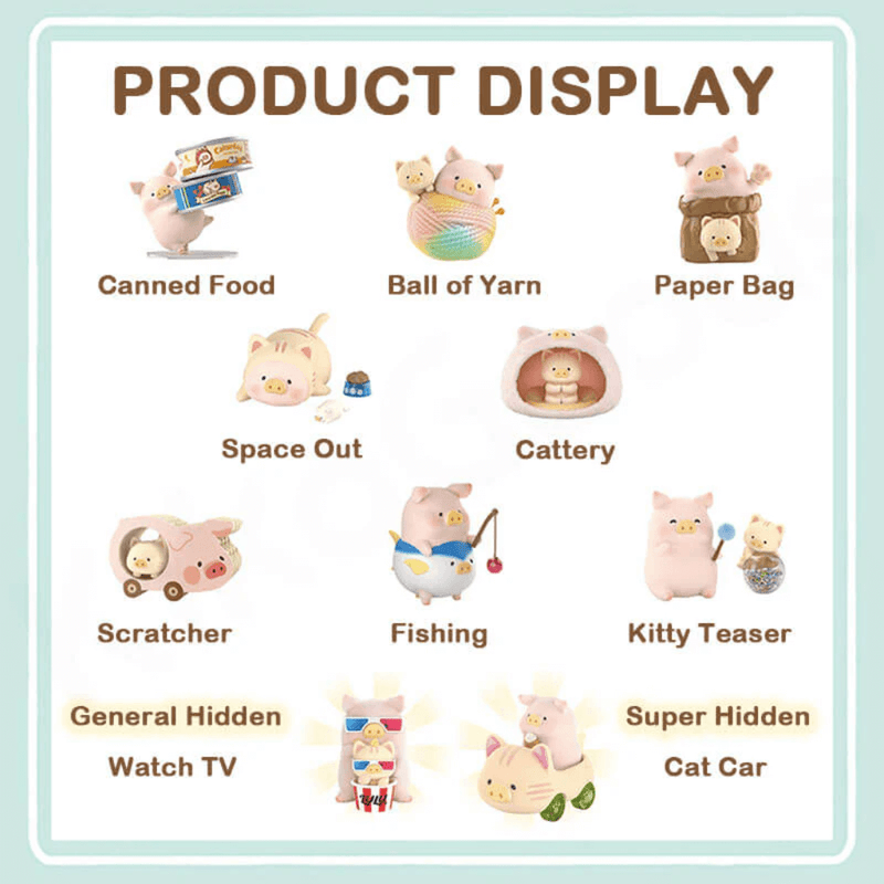 Full lineup board of LuLu the Piggy Caturday Blind Box collectables including hidden Watch TV and Cat Car figures

