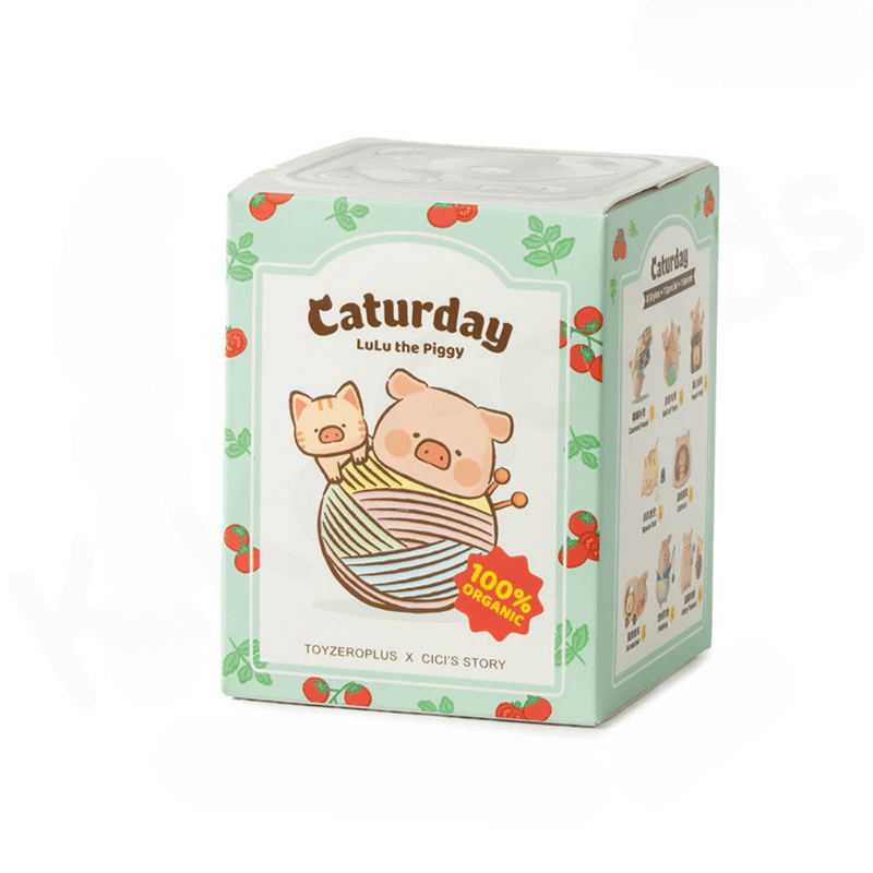 Front view of LuLu the Piggy Caturday Blind Box packaging with yarn-ball illustration and mint-green design
