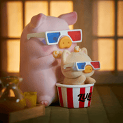 General hidden “Watch TV” LuLu & kitten wearing 3-D glasses with popcorn bucket – Caturday Blind Box chase item
