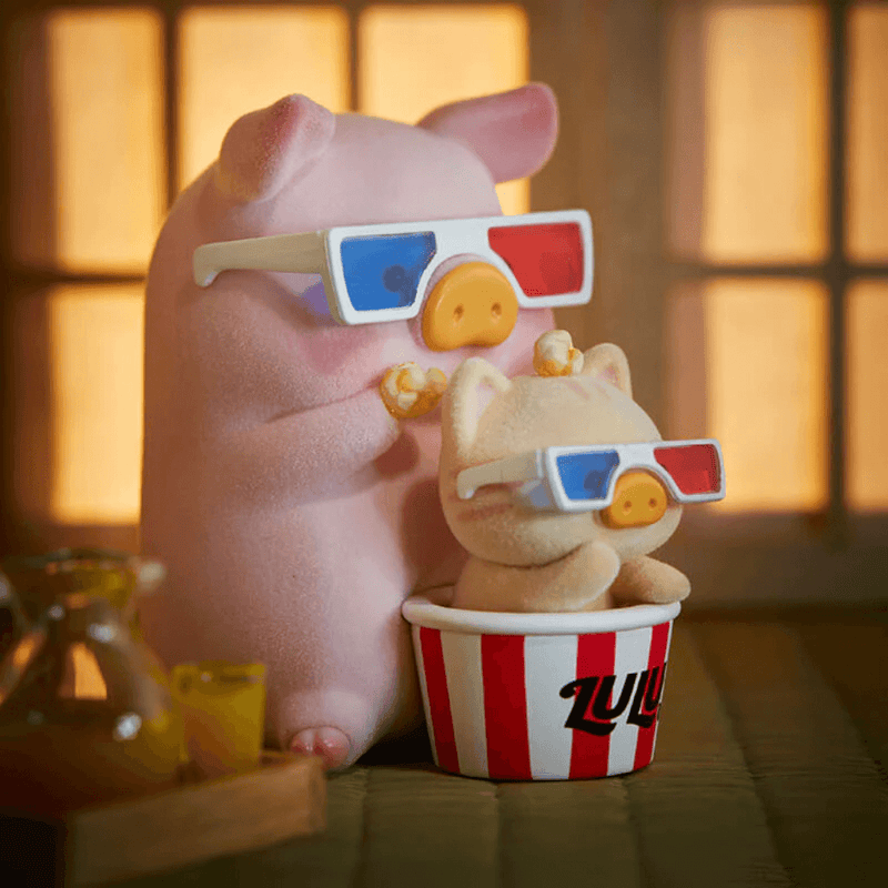 General hidden “Watch TV” LuLu & kitten wearing 3-D glasses with popcorn bucket – Caturday Blind Box chase item
