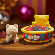 “Ball Pool” kitten sitting in LuLu-striped tub of colourful balls – Celebration Blind Box figure
