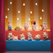 Stage line-up of all LuLu the Piggy Celebration Blind Box figures on yellow-pink backdrop

