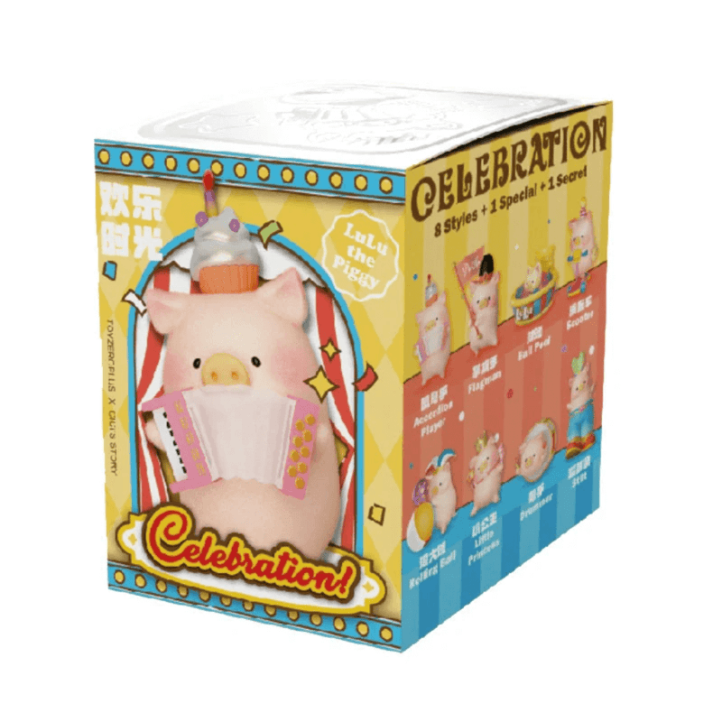 Front view of LuLu the Piggy Celebration Blind Box with accordion artwork and style list
