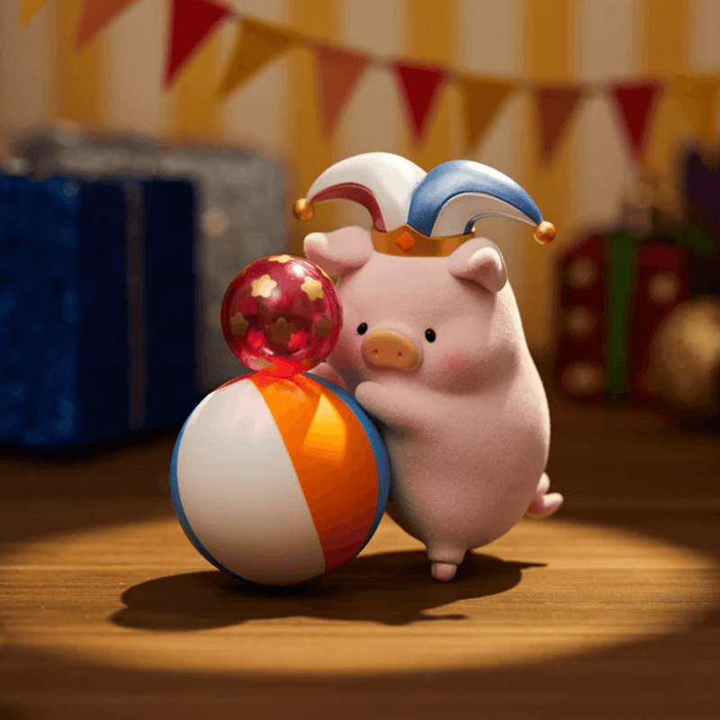 “Rolling Ball” LuLu in jester hat juggling a star-filled sphere on beach ball – Celebration figure
