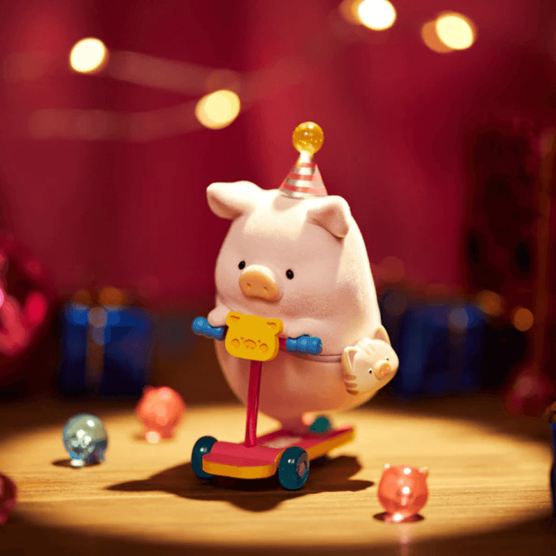 “Scooter” LuLu wearing party hat, riding colourful scooter with kitten – Celebration Blind Box collectable
